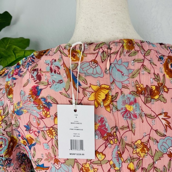 NWT WALTER BAKER FLORAL FITTED SMOCKED WAIST RUFFLE PINK PRIMROSE CHIFFON DRESS - Picture 6 of 8